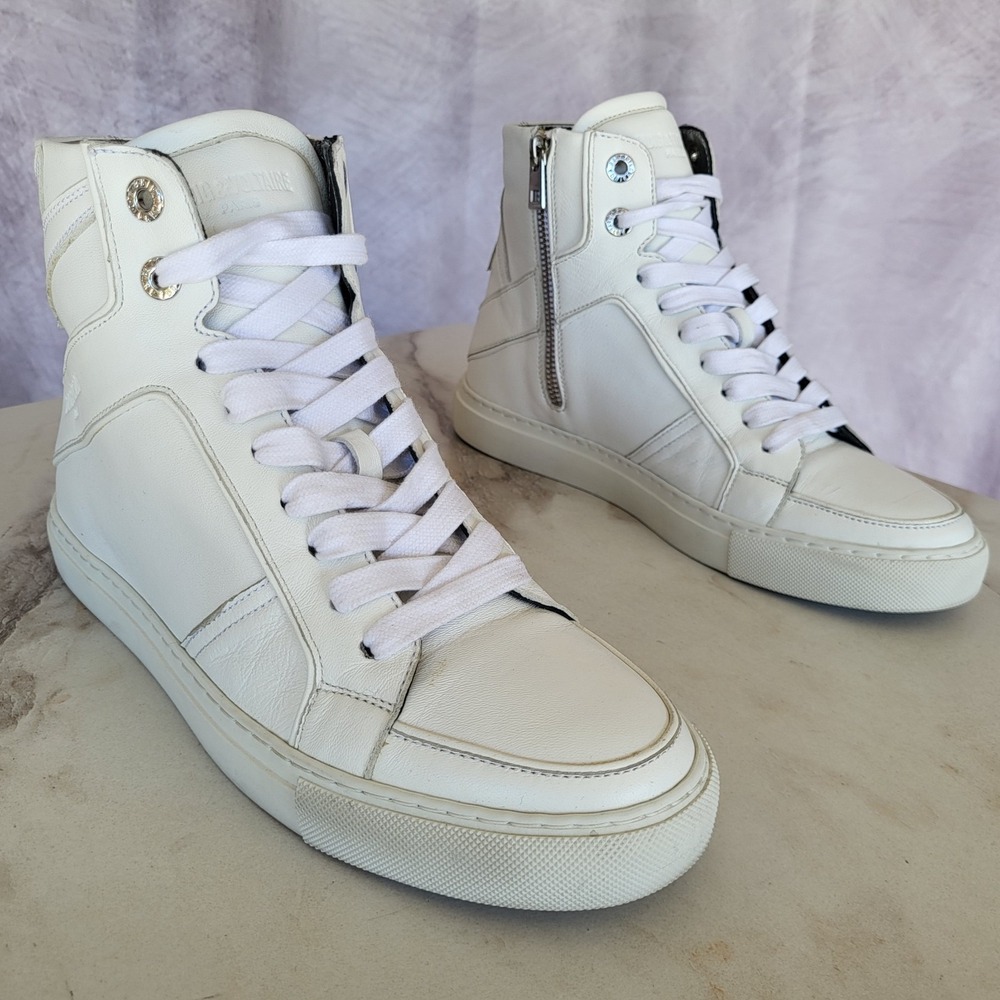 Zadig & Voltaire Paris High Flash Sneakers White Leather Size 39 Women's 8.5-9
